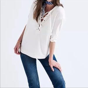 Madewell lace up grommet shirt with curved hem, cream color xxs
